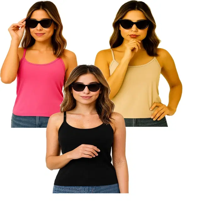 Cotton Solid Camisole for Women, Multicolour, Pack of 3 (XS)