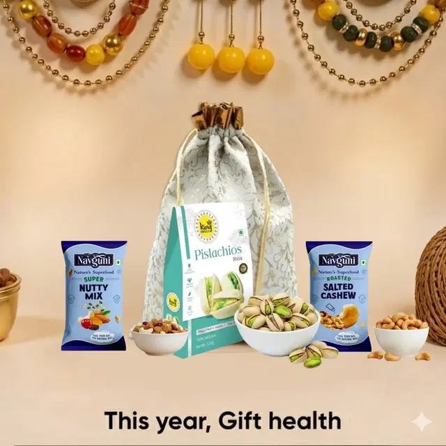 King Uncle California Pista (Roasted & Salted) 100 g , Navguni Roasted Salted Cashew 35 g , Navguni Nutty Mix 30 g , Designer Potli