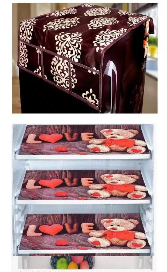 Knit Printed Fridge 3 Pcs Mat with Top Cover, Multicolor, Set of 1
