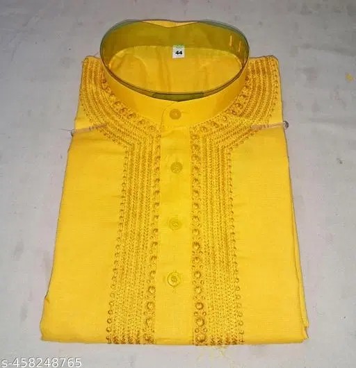 Cotton Solid Kurta for Men, Yellow (M)