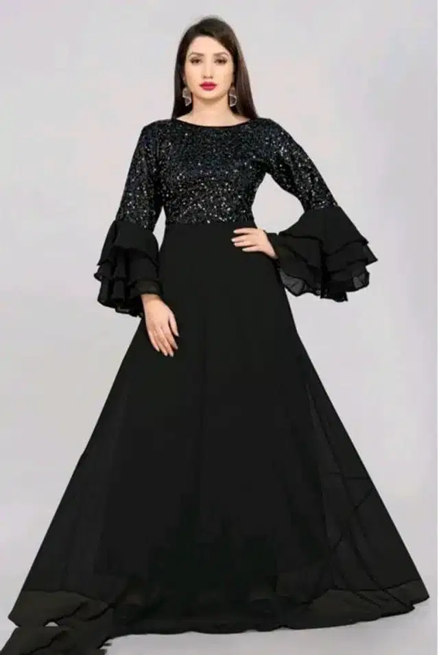 Women's Solid Flared Anarkali Gown (Black, M)