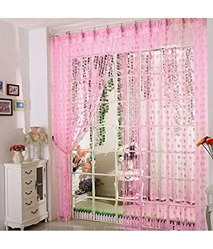 MORADO 7 Feet String Net Heart Design Door, Window Curtain, Set of 2, Light Pink