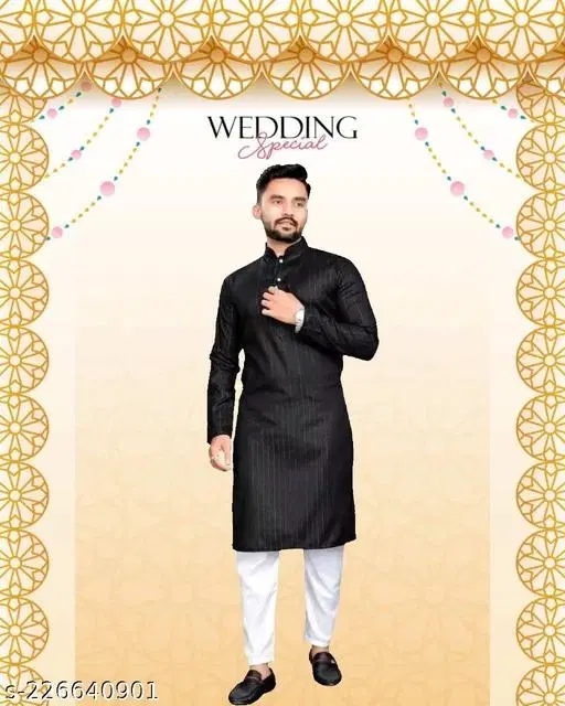 Mandarin Neck Kurta for Men (Black, M)