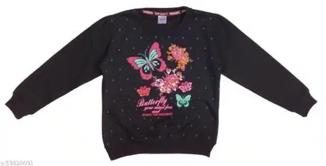 Fleece Printed Full Sleeves Round Neck Sweatshirt for Girls (Black, 2-3 Years)