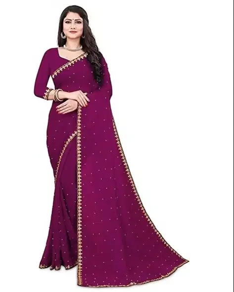Lycra Blend Solid Saree for Women (Purple, 6.3 m)