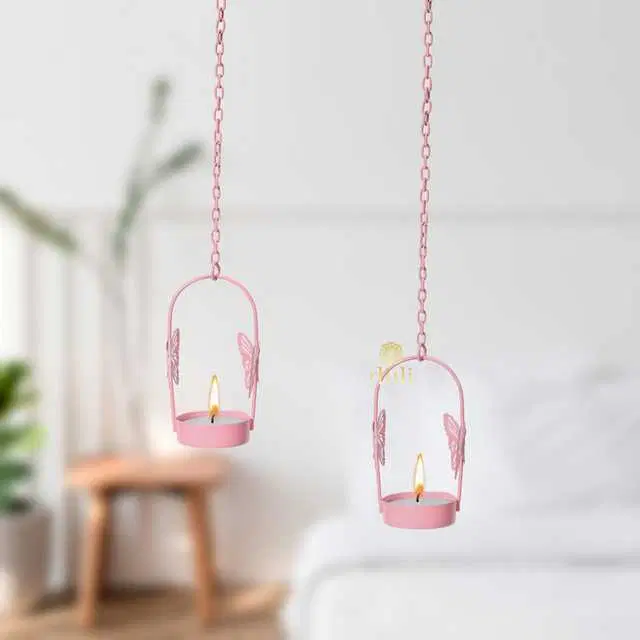 Hanging Butterfly Tealight Holder For Diwali Home Decoration, Pink, 15 X 1.5 X 15 Inches, Pack Of 2, Du-036