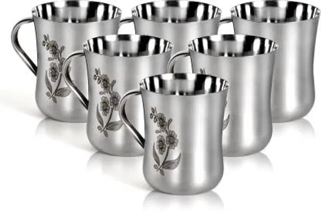 LEROYAL Stainless Steel Tea Cup, Silver, Pack of 6
