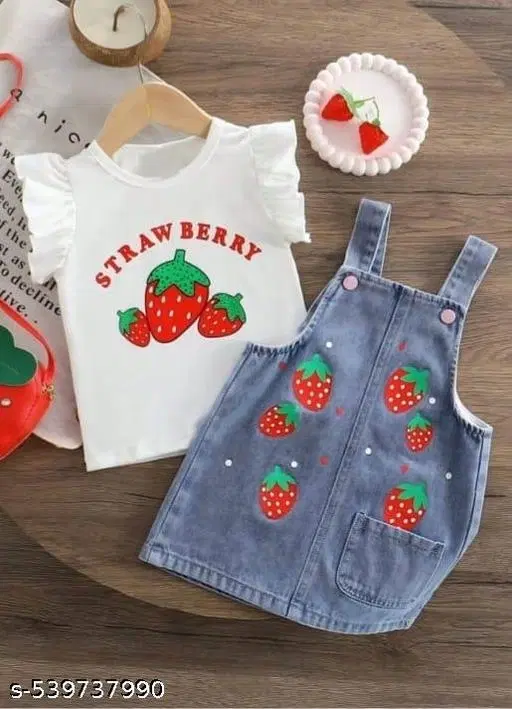 Hosiery Cotton & Denim Printed Clothing Set for Kids, White & Blue (0-3 Months)