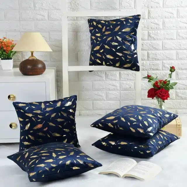 Velvet Cushion Covers with Back Zipper, Navy Blue, 16x16 Inches, Pack of 5