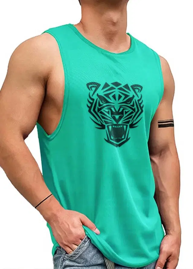 Polyester Printed Vest for Men (Green, S)