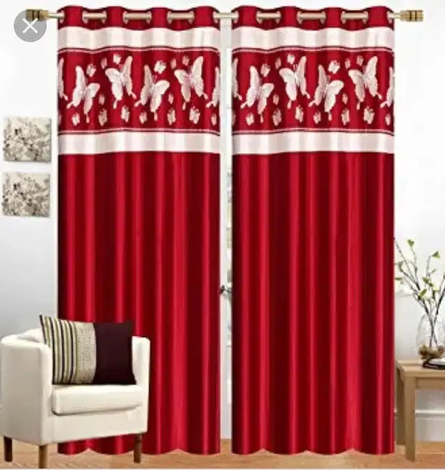 Polyester Patch Worked Window & Door Curtains, Pack of 2, Maroon, 5 feet