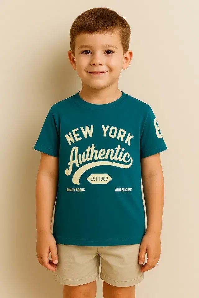 Round Neck Printed T-Shirt for Boys, Teal (14-16 Years)