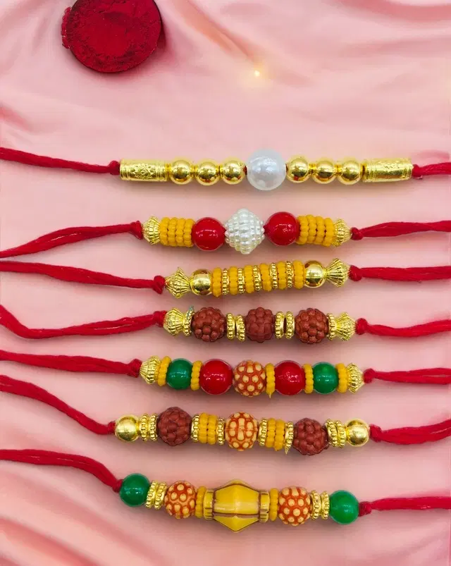 Handmade Designer Rakhi with Roli Chawal, Multicolor, Pack of 7