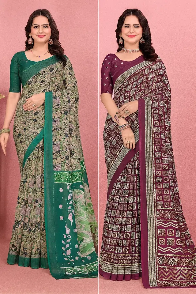 Georgette Printed Saree for Women, Multicolor, Pack of 2 (6.3 m)