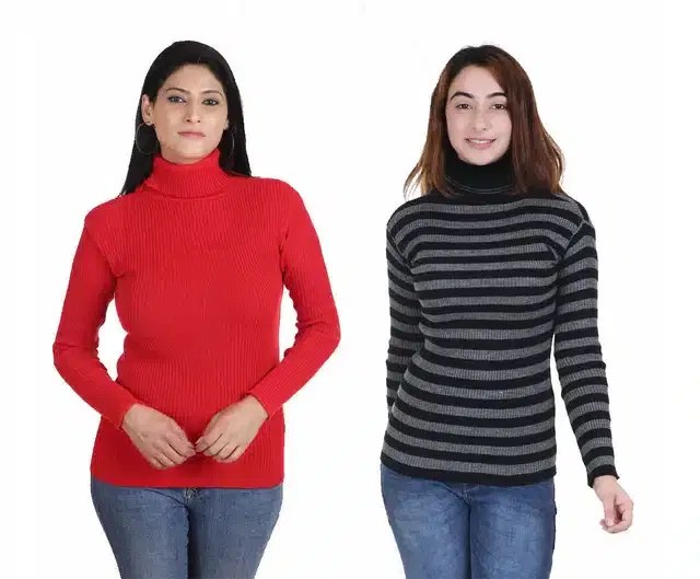 Full Sleeves Solid Sweater for Women, Pack of 2 (Red & Grey, L)
