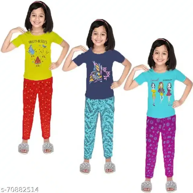 Cotton Nightsuit Set for Girls, Set of 3 (Multicolor, 2-3 Years)