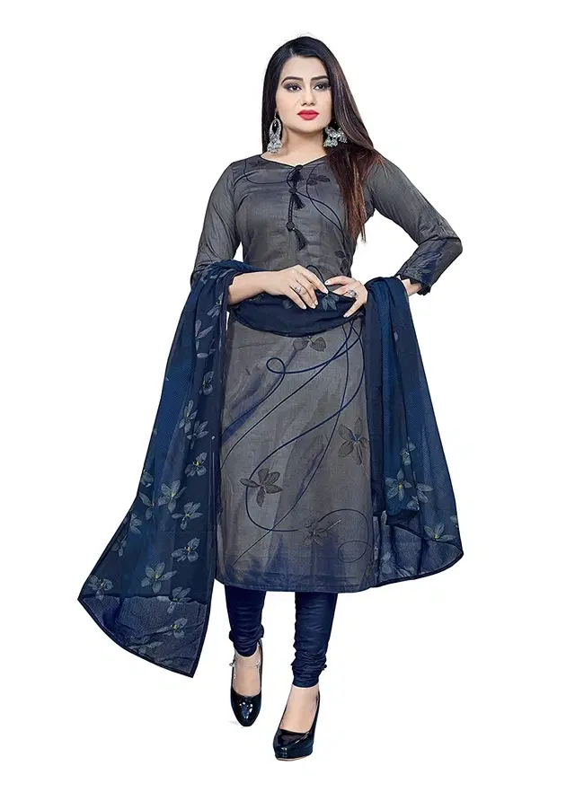 Cotton Blend Printed Unstitched Suit with Dupatta for Women, Grey