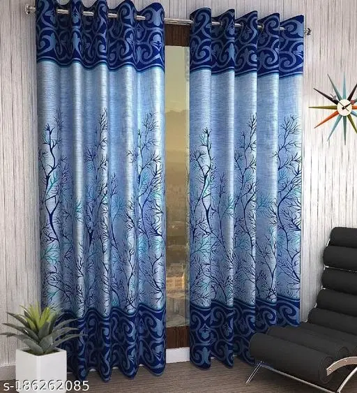 KANUSHI Industries® 2 Pieces Washable Polyster Panel Design Eyelet Window Curtain Set (Panel Blue)