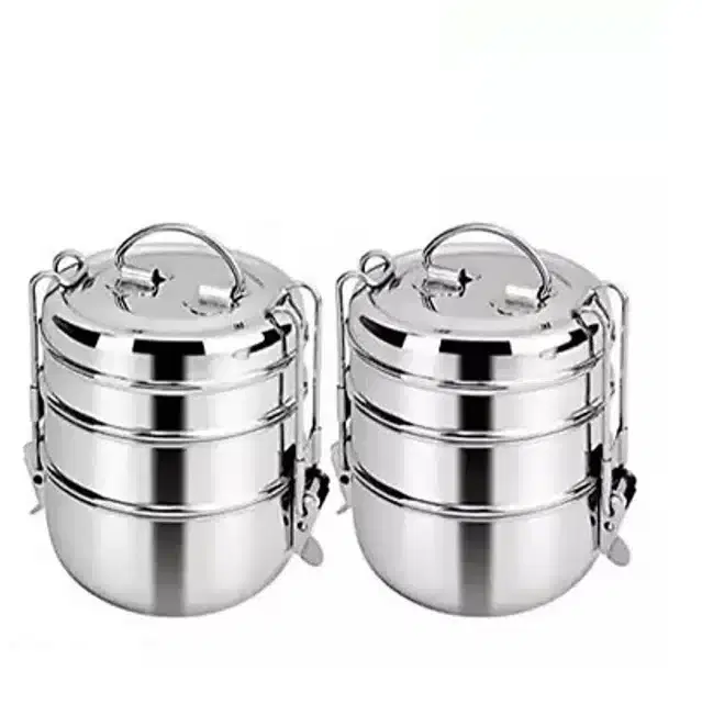 3 Layer Steel Lunchbox, Silver, Pack of 2