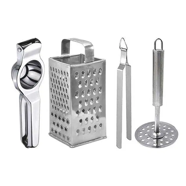 Oc9 Stainless Steel Lemon Squeezer & 4 in 1 Grater Or Slicer & Roti Chimta & Potato Masher Kitchen Tool Set, O-111