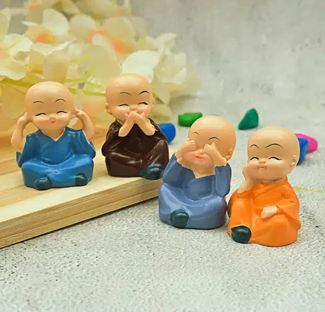 Baby Monk Statues for Car & Home Decor, Pack of 4, Multicolor