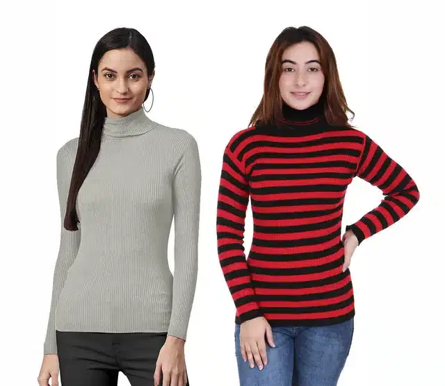 Full Sleeves Solid Sweater for Women, Pack of 2 (Grey & Maroon, M)