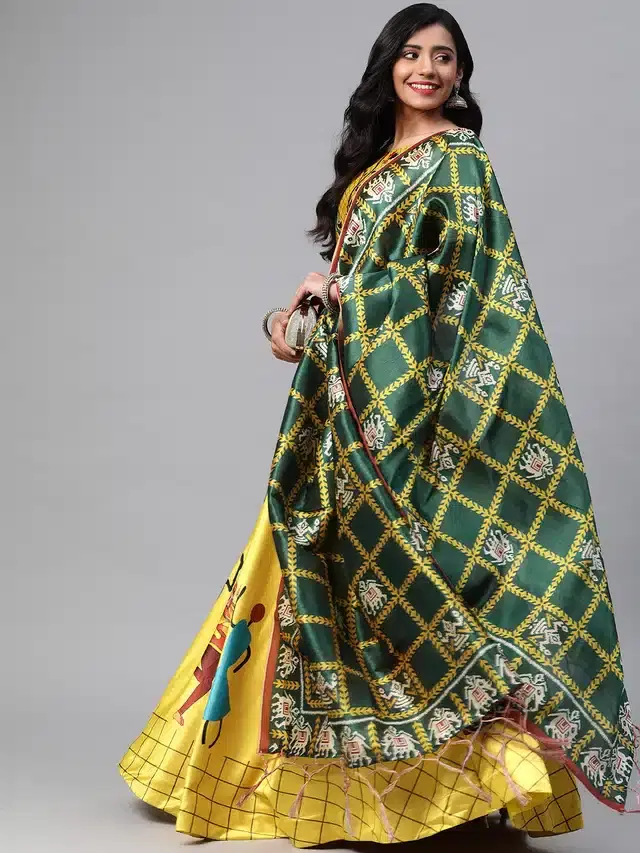 Digital Printed Unstitched Lehenga Choli for Women (Yellow)