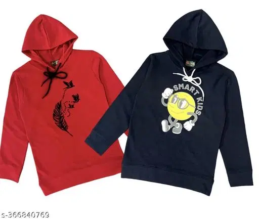 Cotton Blend Printed Hoodie for Girls, Pack of 2 (Red & Navy Blue, 3-4 Years)
