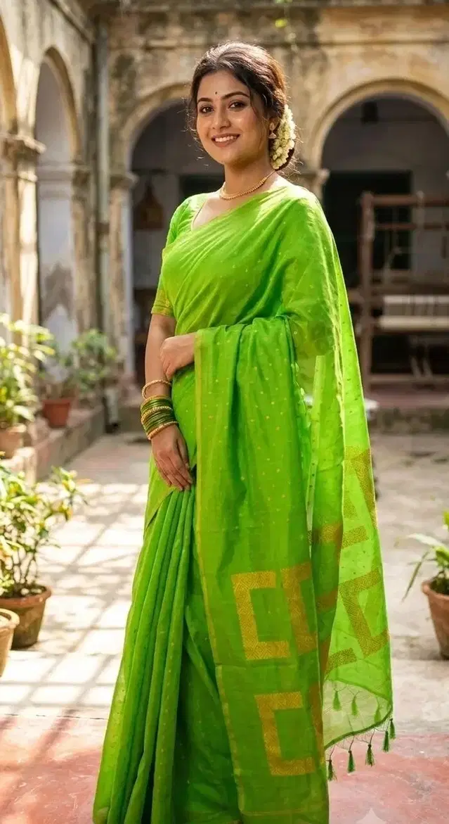 Cotton Silk Saree for Women (Green, Free Size)