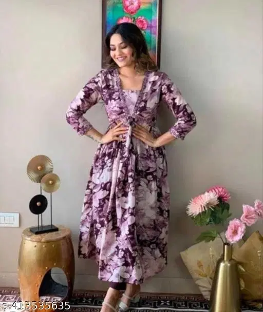 Rayon Printed Alia Cut Kurti with Pant for Women, Purple (M)