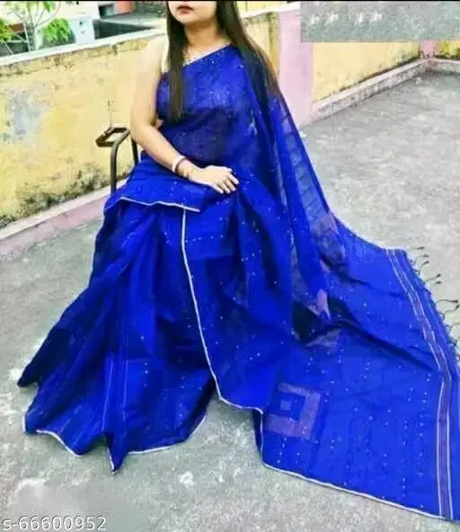 Womens Sarees Blue Cotton Silk(Free Size)