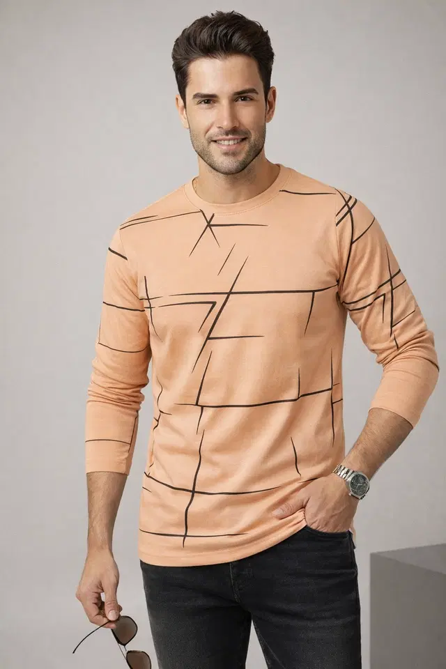 Polyester Printed T-shirt for Men, Peach (XL)