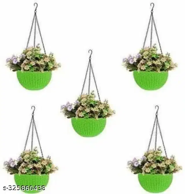 Hanging Flower Pots with Metal Chain, Green, Pack of 5