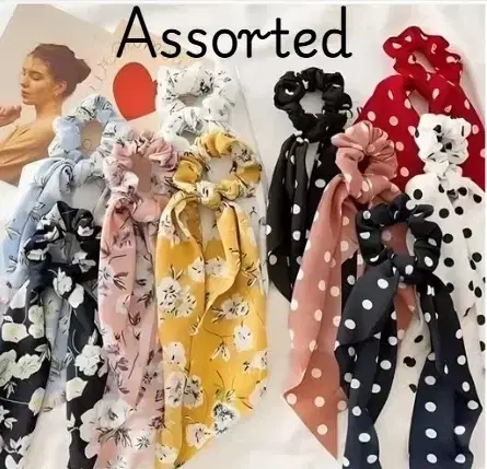 Polyester Printed Scrunchies for Women, Assorted Prints, Multicolor, Pack of 10