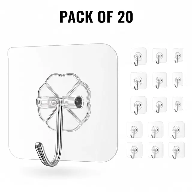 Plastic Wall Hooks, Transparent (Pack of 20)