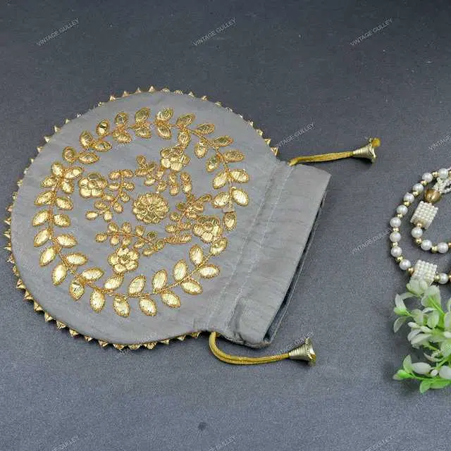 Cotton Silk Ethnic & Traditional Handheld Potli for Women, Grey, A-46