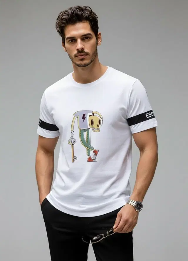 Polyester Printed T-shirt for Men, White (XL)