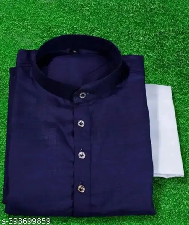 Cotton Solid Kurta with Pyjama for Men (Navy Blue & White, XL)