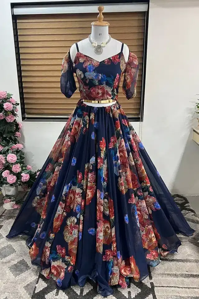 Ready to Wear Lehenga Choli for Women (Navy Blue, XS)