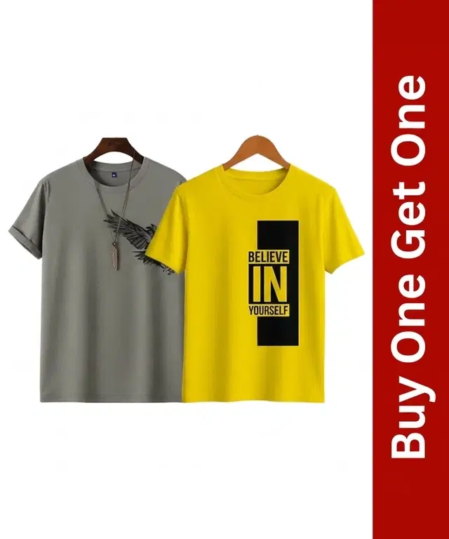 Round Neck T-Shirt for Men, Buy 1 Get 1, Grey & Yellow (XL)
