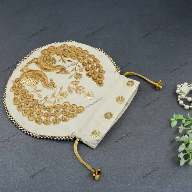 Cotton Silk Ethnic & Traditional Handheld Potli for Women, White, A-50