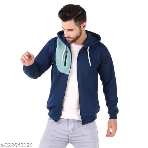 Fleece Hooded Jackets for Men (Navy Blue, S)