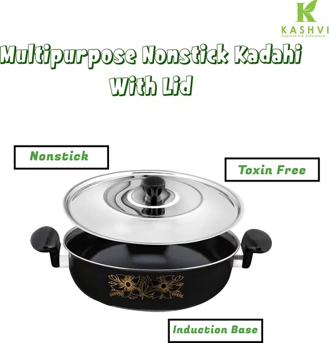 Cast Iron Kadai with Lid, Black & Silver, 28 cm