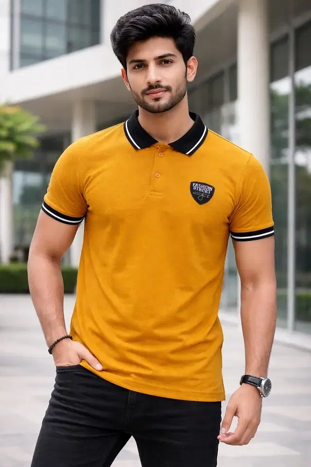 Classic Polo Neck Polycotton T-Shirt for Men ,Yellow (M)
