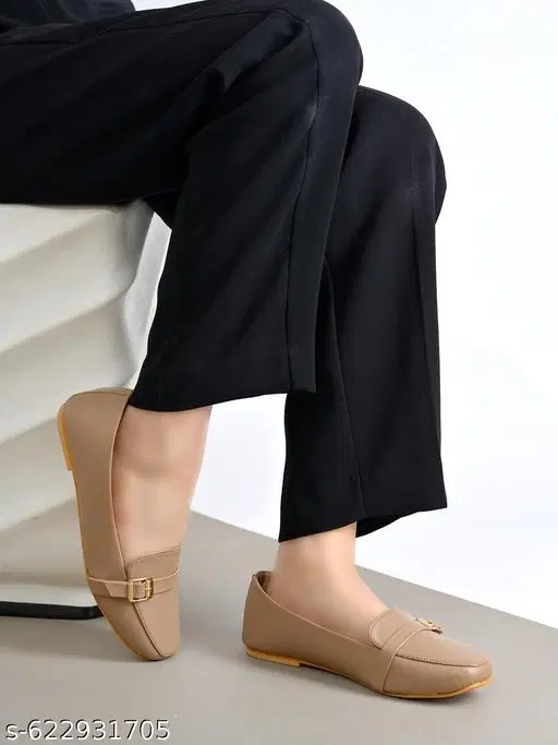 Solid Synthetic Ballerinas for Women (Beige, IND-4)
