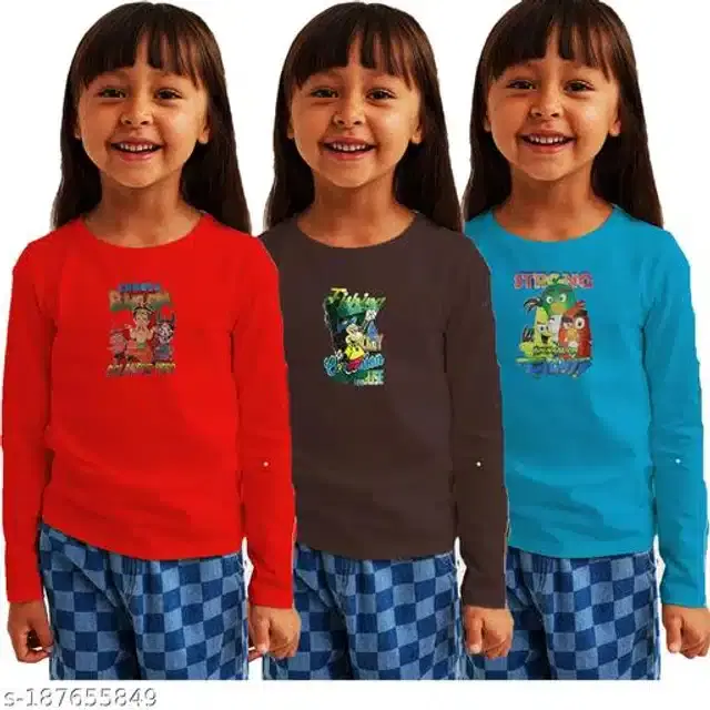 Cotton Full Sleeves T-Shirt for Girls, Pack of 3 (Multicolor, 9-12 Months)