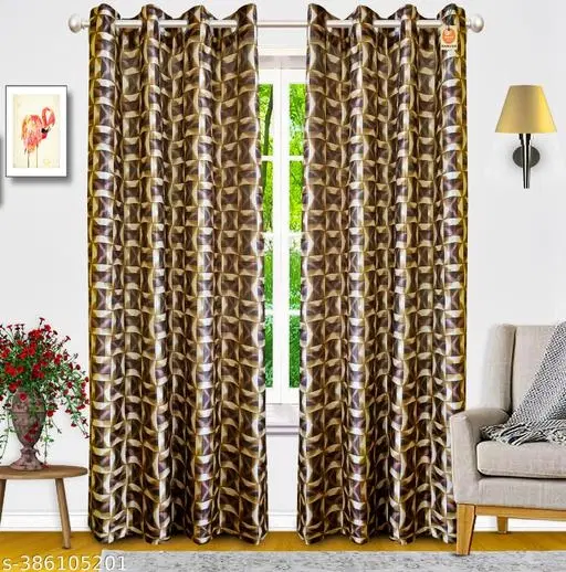 KANUSHI Industries® 2 Pieces Washable Polyster Eyelet Long Door Curtain Set (Brown Golden Line) (RK-CUR-BROWN-GOLDEN-LINE-9FEET-2PCS) (9 FEET)…