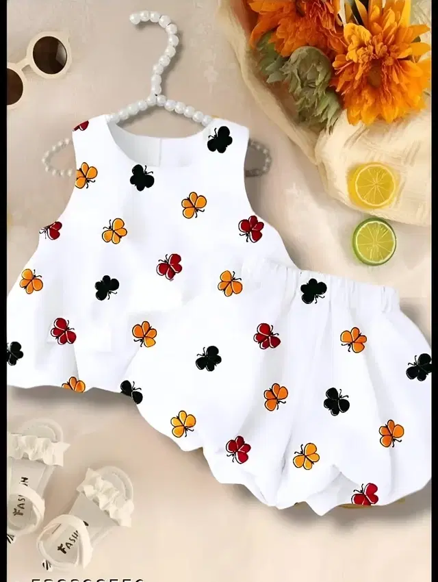 Rayon Printed Clothings Set for Girls, White (3-4 Years)