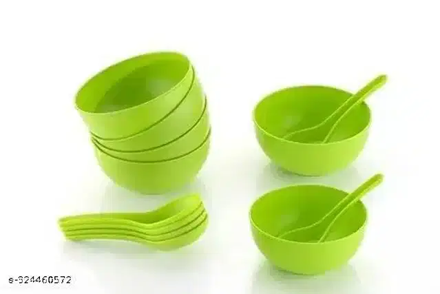 Plastic 6 Pcs Bowls, 250 ml with 6 Pcs Spoons, Green, Set of 2