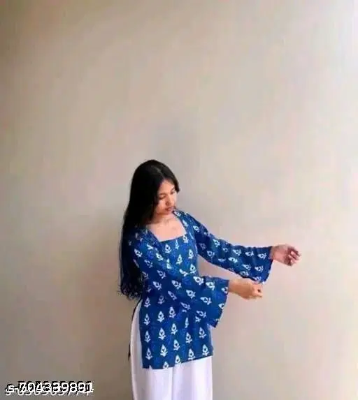 Rayon Printed Short Kurti for Women, Blue (XS)